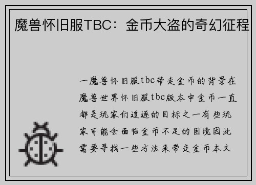 魔兽怀旧服TBC：金币大盗的奇幻征程